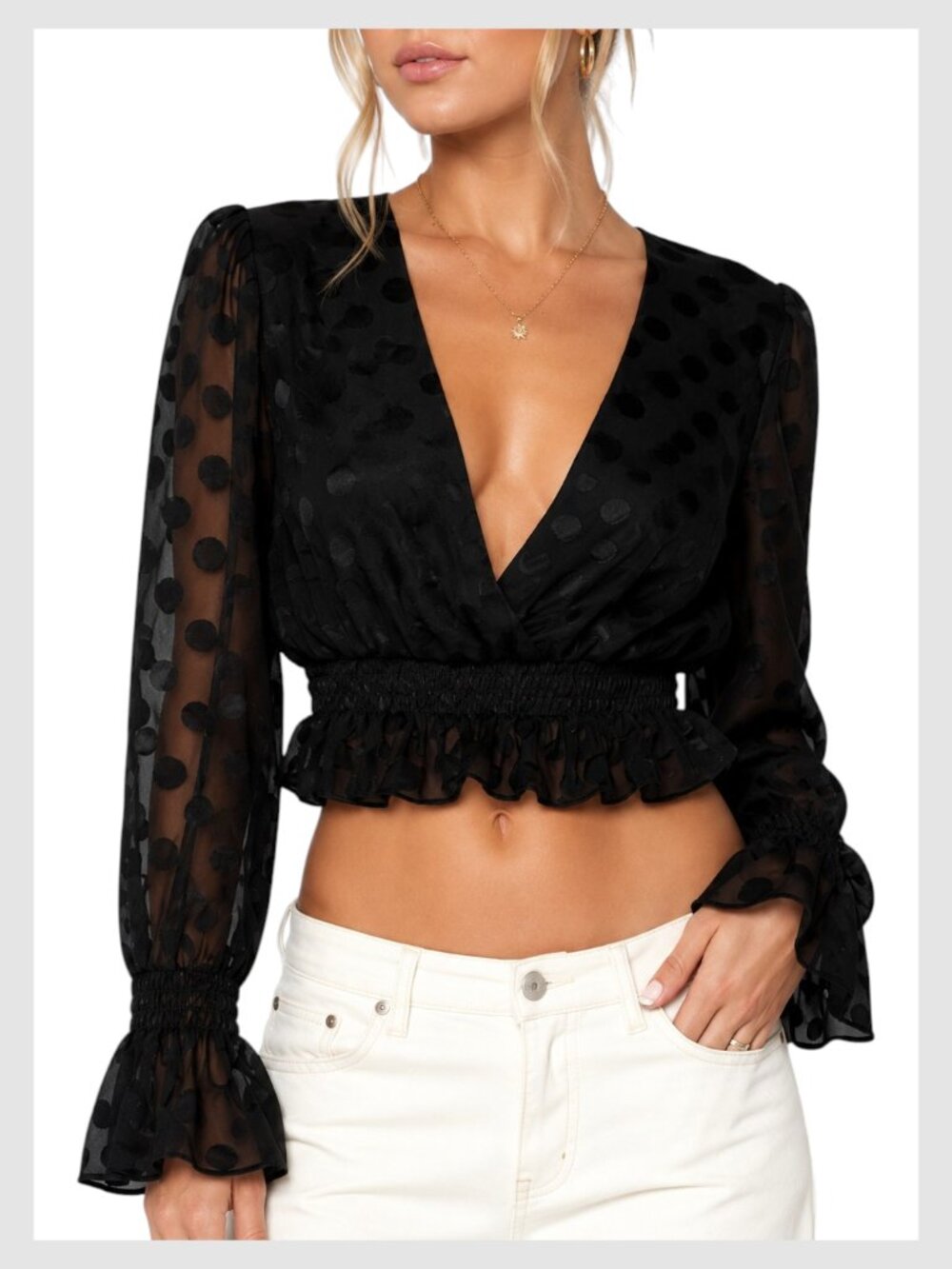 Lovers + Friends Sheer sleeve Peplum Polka Dot Crop Top Black M
